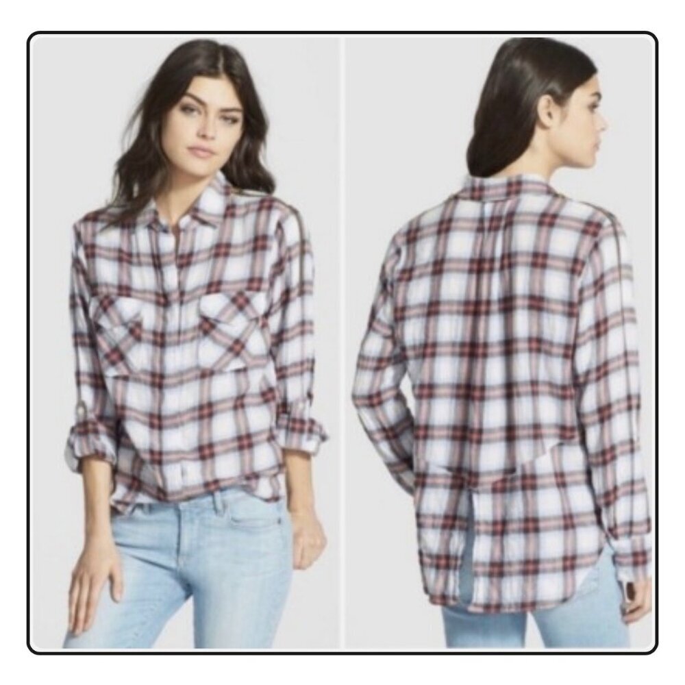 Sam Edelman Riley Plaid Boyfriend Split Hem Button Up Shirt Size S